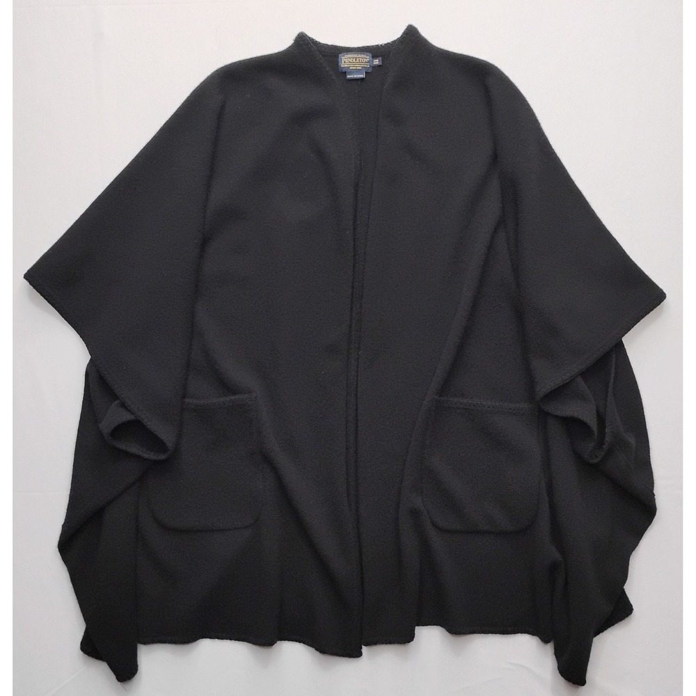 Pendleton Poncho Womens One Size Black 100% Lambswool Open Front Wrap Pockets